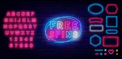 Free spins neon label. Jackpot sign. Shiny pink alphabet. Geometric frames collection. Vector stock illustration