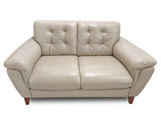 Two-person sofa in cream faux leather on white background