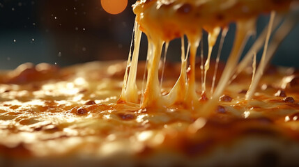 A close-up shot of bubbling melted cheese on a freshly baked pizza, with strands stretching from the slice Generative AI
