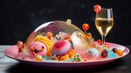 Fototapeta na wymiar A plate adorned with edible bubbles filled with various flavors, creating a whimsical and playful dining experience Generative AI