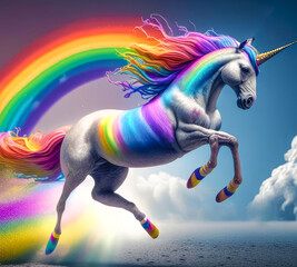 Beautiful and powerful fantasy rainbow unicorn. Generative AI