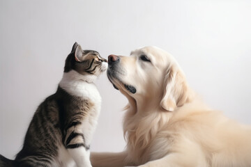 a dog kisses a cat on a white background - obrazy, fototapety, plakaty