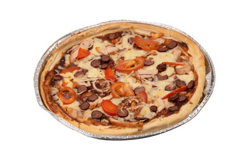 Tasty pizza with salami, sausages, cheese, onions and sauce.
