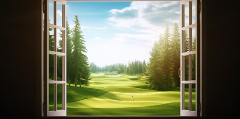 Travelling concept, room with view large window on green golf fairway, green sport playground landscape, generative AI illustration