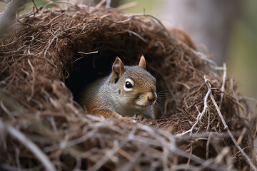 a squirrel in a nest - obrazy, fototapety, plakaty