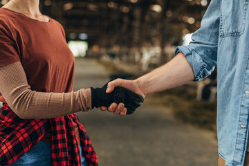 Handshake between man and woman in a stable.