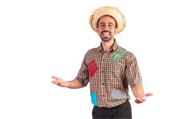 Man, brazilian wearing festa junina clothes. Arraial, Feast of Saint John. open arms.