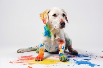 a dog playing with liquid paint, white background