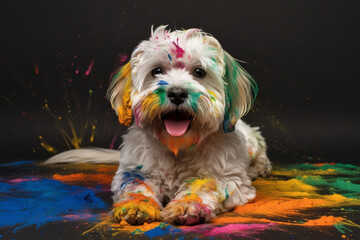 a dog playing with paint