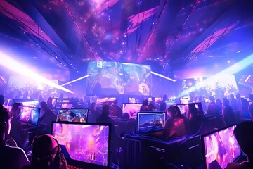 Major esports event, team of professional gamers playing in offline gaming tournament on stadium. Generative AI