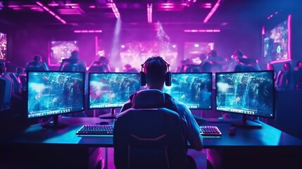Major esports event, professional gamer playing in offline gaming tournament on stadium. Generative AI