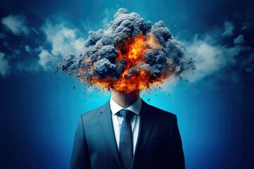 Mind-blowing idea, head explosion illustration of businessman in chaos, symbolizing brain overload and the explosive power of brainstorming in business