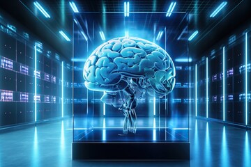 Giant human brain as a supercomputer server in futuristic blue data center. Generative AI