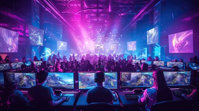 Major esports event, team of professional gamers playing in offline gaming tournament on stadium. Generative AI
