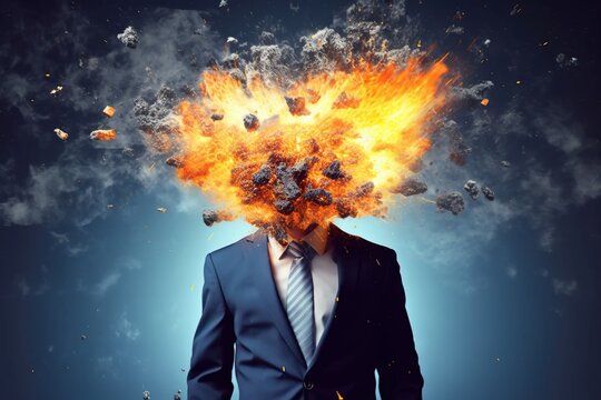 Mind-blowing idea, head explosion illustration of businessman in chaos, symbolizing brain overload and the explosive power of brainstorming in business. Generative AI