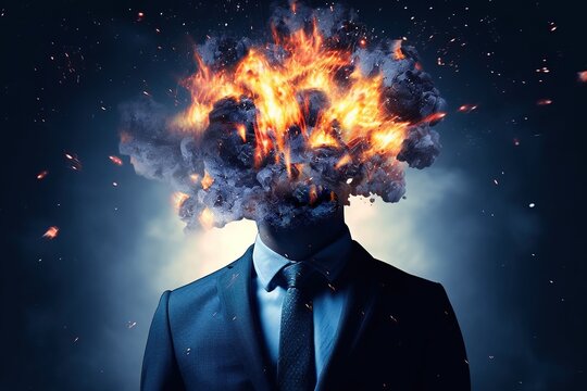 Mind-blowing idea, head explosion illustration of businessman in chaos, symbolizing brain overload and the explosive power of brainstorming in business. Generative AI