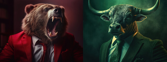Bull versus bear in suits facing each other, trading on stock market. Bullish vs bearish trend. Generative AI