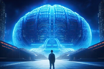 Back view of man looking at giant human brain as a supercomputer server with neural network technology. Generative AI