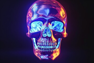 Cyberpunk skull, neon pink and blue holographic illustration, a surreal art of metallic skull glowing in the dark, isolated on black background