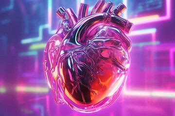 Cyberpunk heart, neon pink and blue holographic illustration, a surreal artwork of glowing anatomical human heart