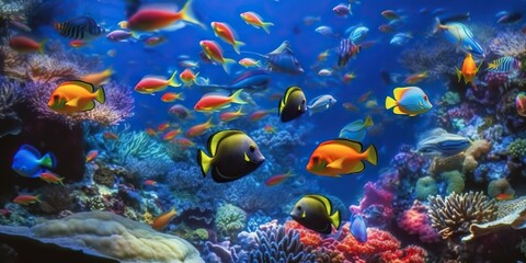 Plakat Tropical paradise, vibrant underwater landscape of colorful fish, coral reef in the caribbean, ideal for scuba and snorkel explorations. Generative AI