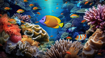 Naklejka na ściany i meble Tropical paradise, vibrant underwater landscape of colorful fish, coral reef in the caribbean, ideal for scuba and snorkel explorations. Generative AI