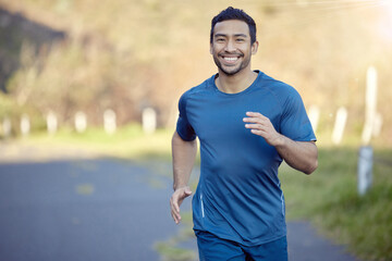 Man, smile in portrait and run outdoor, fitness and cardio with marathon, sports and athlete in...