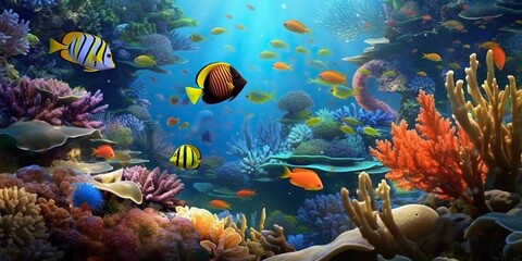 Obraz na płótnie Canvas Tropical paradise, vibrant underwater landscape of colorful fish, coral reef in the caribbean, ideal for scuba and snorkel explorations. Generative AI