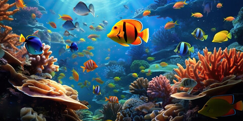 Fototapeta na wymiar Tropical paradise, vibrant underwater landscape of colorful fish, coral reef in the caribbean, ideal for scuba and snorkel explorations. Generative AI