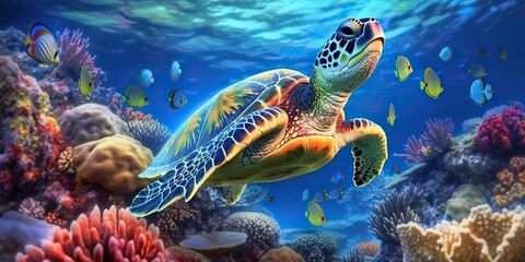 Fototapeta na wymiar Tropical exploration, sea turtle in colorful coral reef underwater, vibrant marine life panorama. Generative AI