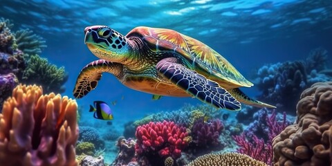 Fototapeta na wymiar Tropical exploration, sea turtle in colorful coral reef underwater, vibrant marine life panorama. Generative AI