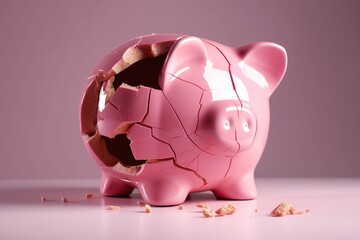 Financial crisis, broken piggy bank depicting bankruptcy, loss of investment and the economic stress. Generative AI - obrazy, fototapety, plakaty
