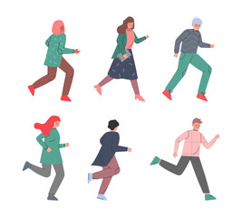 Fototapeta na wymiar Man and Woman Character Running in a Hurry and Hasten Somewhere Vector Set