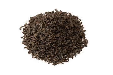 Dried tea leaves isolated on a white background.