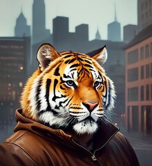 A chubby strong tiger in the city, tiger wearing a big leather jacket, Generative AI Art Illustration 01