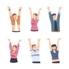Fototapeta premium Happy Young People Character with Their Hands Raised Up Vector Set