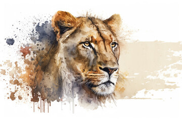 Fototapeta na wymiar Watercolor portrait of a lioness, AI generated