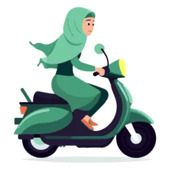 Foto op Plexiglas Muslim young woman with green veil driving a modern motorcycle on white background. Concept of muslim woman independence and autonomy. © Jos