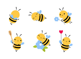 Cute Little Honey Bee with Wings and Black Stripes Flying Vector Set