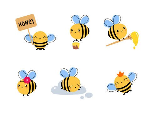 Cute Little Honey Bee with Wings and Black Stripes Flying Vector Set