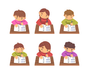 Kids Sitting at Desk and Writing Letters in Notebook Studying Alphabet Vector Set