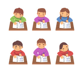 Kids Sitting at Desk and Writing Letters in Notebook Studying Alphabet Vector Set