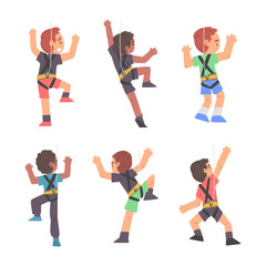 Little Boy Climbing Steep Rock or Wall with Harness Rope Engaged in Bouldering Training Vector Set