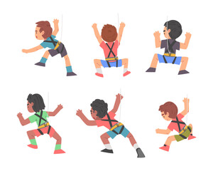 Little Boy Climbing Steep Rock or Wall with Harness Rope Engaged in Bouldering Training Vector Set