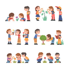 Curious Boy and Girl with Magnifying Glass Studying Plant and Exploring Environment Vector Set