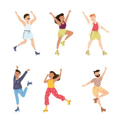 Excited Man and Woman Character Dancing on Roller Skates Vector Illustration Set