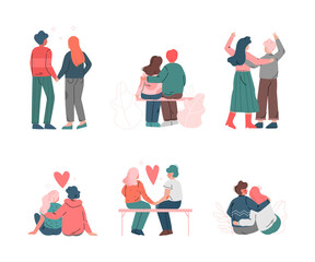 Happy Romantic Couple Sitting and Embracing Back View Vector Illustration Set