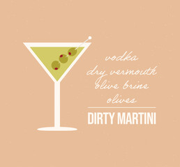 Dirty martini recipe. Classical aperitif cocktail with ingredients. Alcoholic drink with vodka and vermouth. Vector illustration