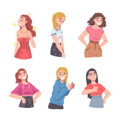 Young Woman with Different Mood and Emotion Vector Set