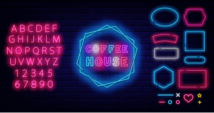 Coffee house neon badge. Geometric frames collection. Coffee house advertising for cafe, restaurant. Vector illustration